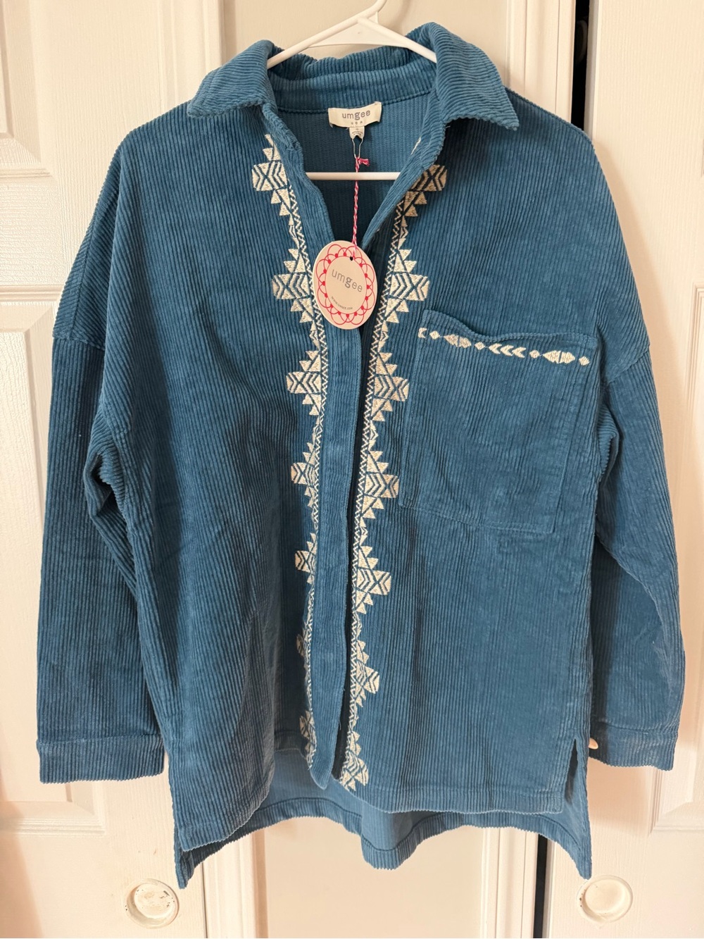 Umgee Teal Corduroy Jacket with White Embroidered Trim